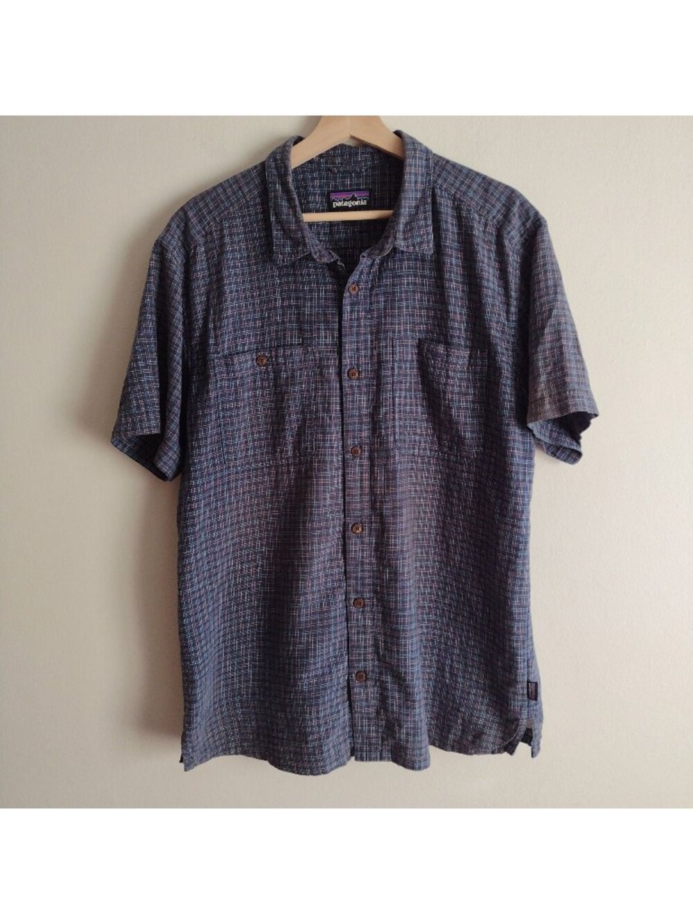 Patagonia Mens Button Front Shirt L Hemp Organic Cotton Blue Paid Button Front